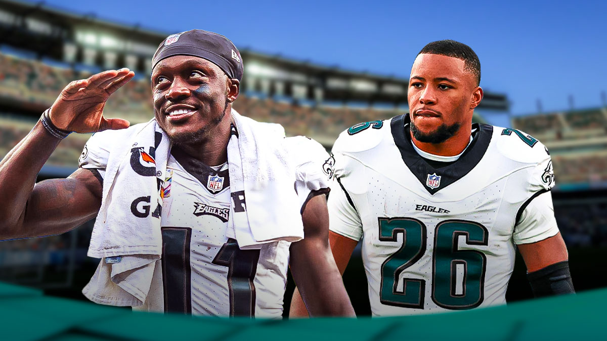 AJ Brown and Saquon Barkley in Philadelphia Eagles uniforms as Brown's production has taken a back seat to the Eagles run game in the playoffs as the team prepares to face the commanders.