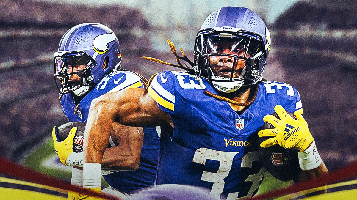 Minnesota Vikings star Aaron Jones in front of U.S. Bank Stadium.