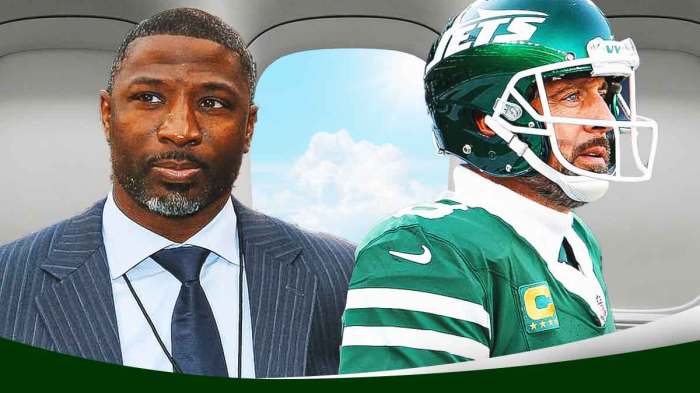 Aaron Rodgers with a disgusted look in his face flying away on an Jet plane while Aaron Glenn, new New York Jets head coach, looks on: