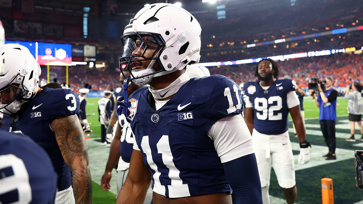 Penn State Nittany Lions defensive end Abdul Carter (11) practices before the Fiesta Bowl against the Boise State Broncos at State Farm Stadium.