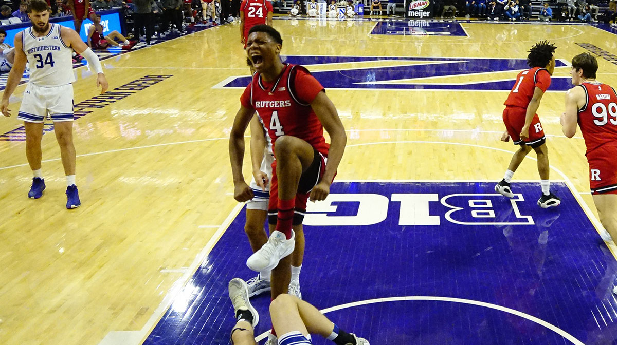 Rutgers Scarlet Knights guard Ace Bailey (4) reacts after dunking the ball against the Northwestern Wildcats during the first half at Welsh-Ryan Arena.