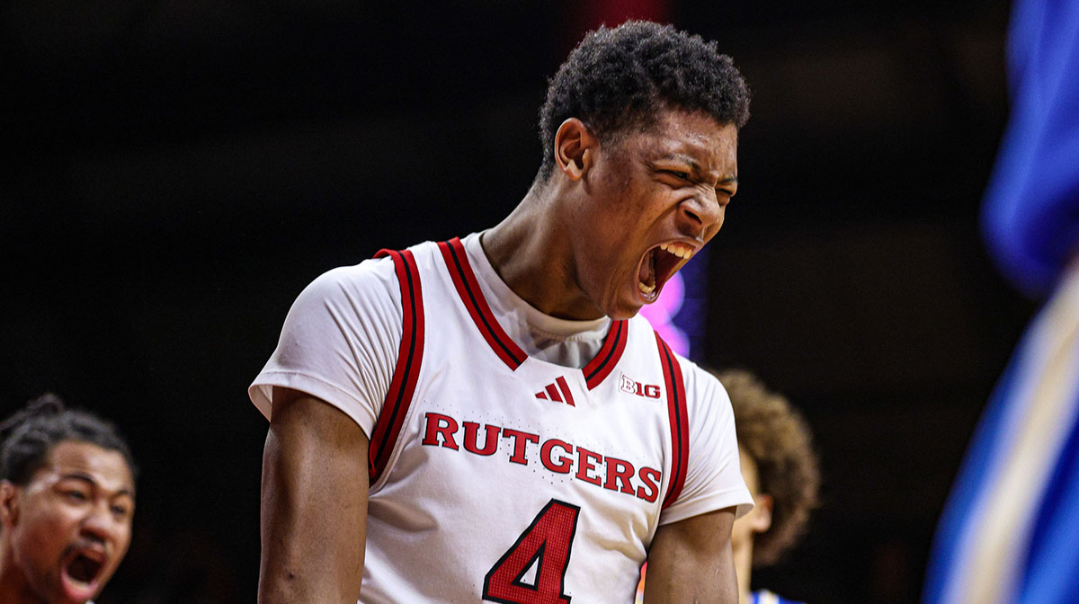 Rutgers Scarlet Knights guard Ace Bailey (4) celebrates during the second half against the UCLA Bruins at Jersey Mike's Arena.