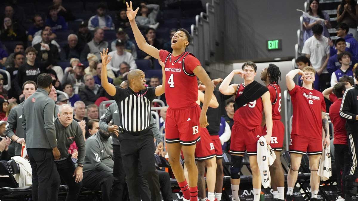 Rutgers Scarlet Knights guard Ace Bailey (4) celebrates a three point basket against the Northwestern Wildcats during the second half at Welsh-Ryan Arena.