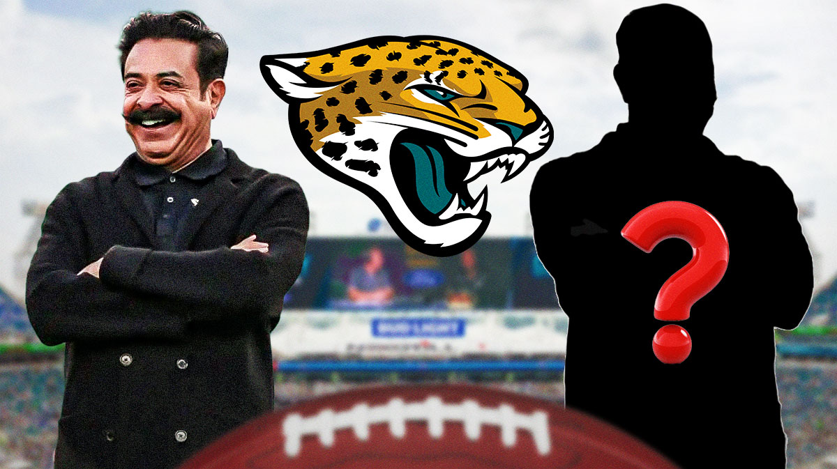 Jacksonville Jaguars owner Shad Khan next to a silhouette of a man with a big question mark emoji inside. There is also a logo for the Jacksonville Jaguars.