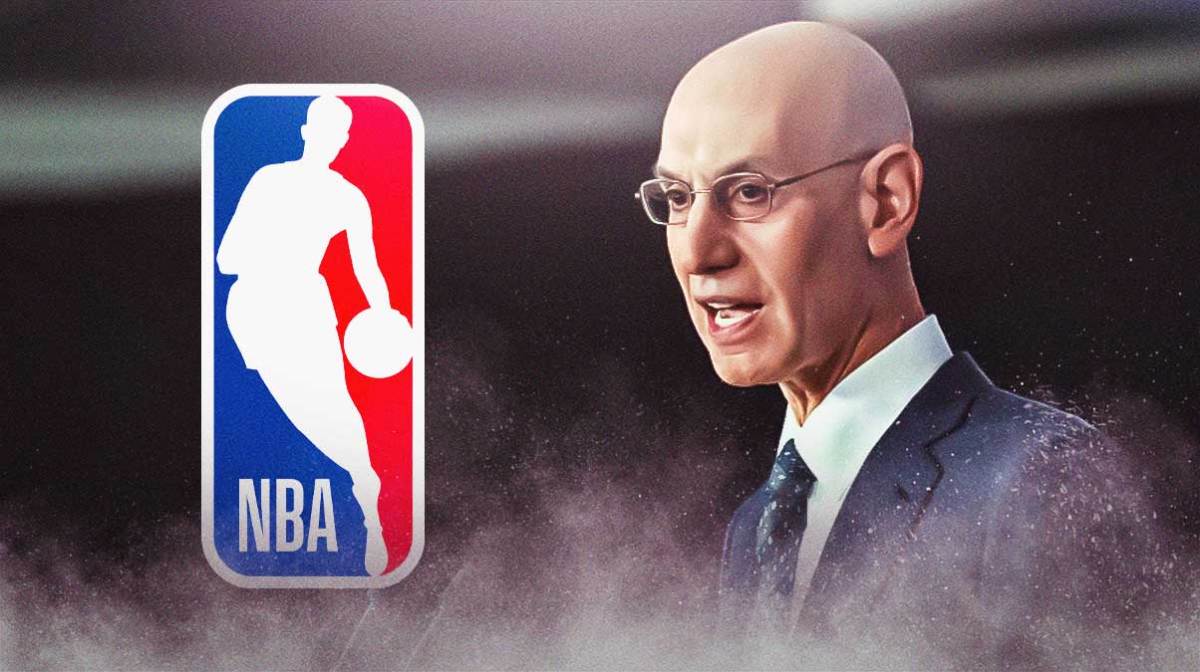 NBA Commissioner Adam Silver next to the NBA logo