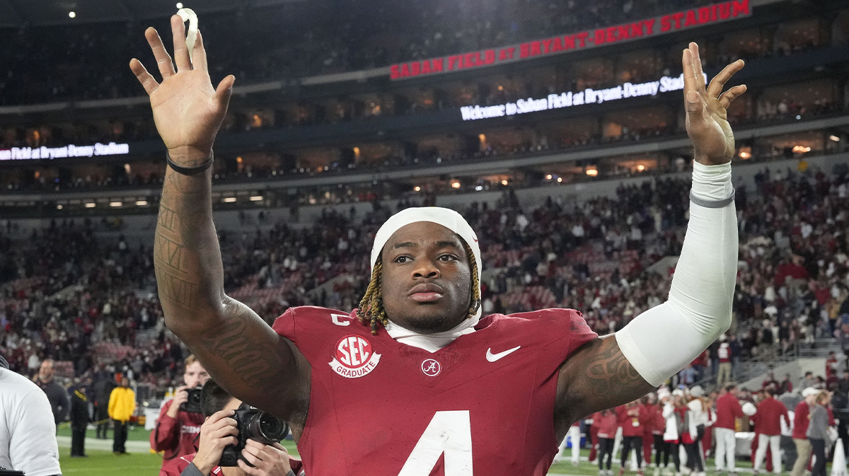 Alabama Crimson Tide quarterback Jalen Milroe (4) celebrates after defeating the Auburn Tigers at Bryant-Denny Stadium. Alabama won 28-14. 