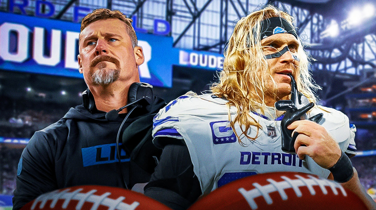 Lions' Alex Anzalone and coach Dan Campbell inside Ford Field
