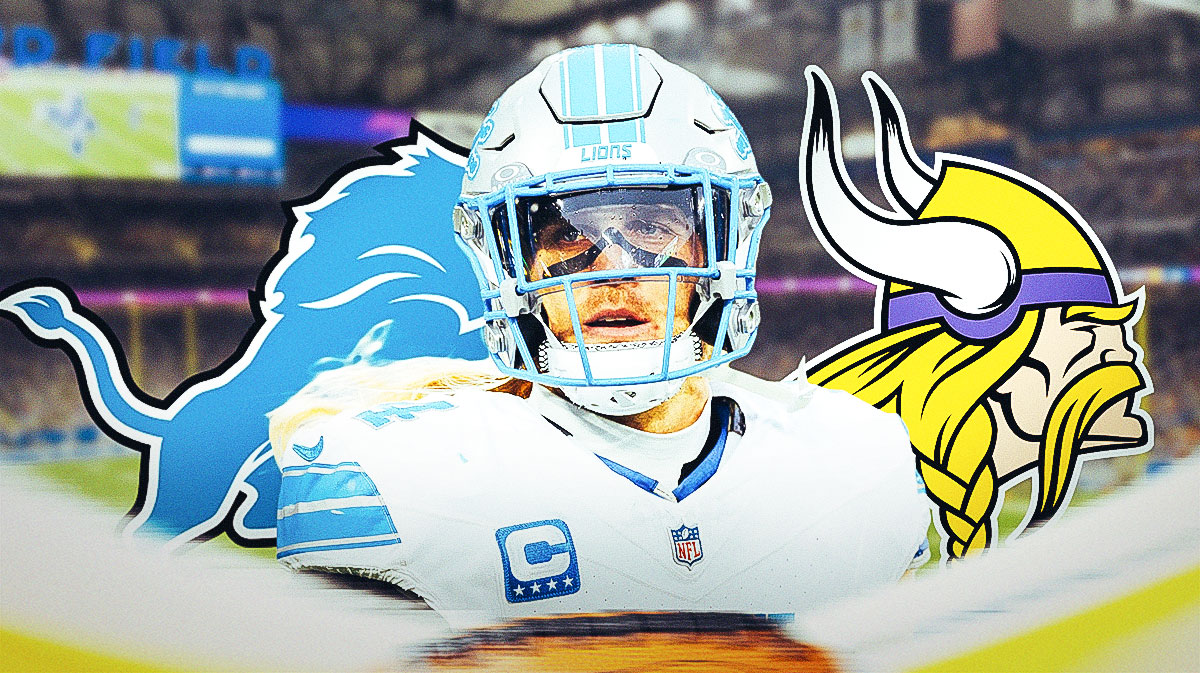 Lions Alex Anzalone (front) with Detroit Lions and Minnesota Vikings logos behind him