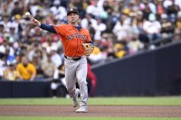 Houston Astros third baseman Alex Bregman (2) throws to first base on a ground out by San Diego Padres first baseman Donovan Solano (not pictured) during the fourth inning at Petco Park.