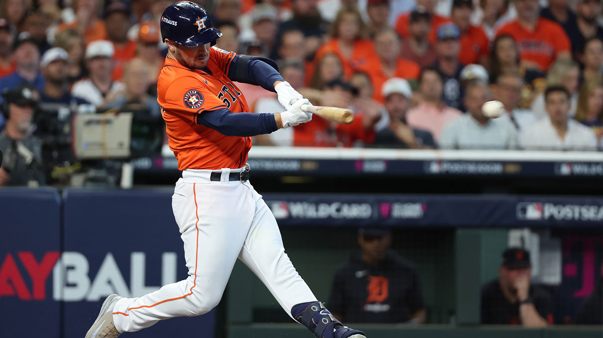 Houston Astros third base Alex Bregman (2) hits a single against the Detroit Tigers during the second inning of game two of the Wildcard round for the 2024 MLB Playoffs at Minute Maid Park.