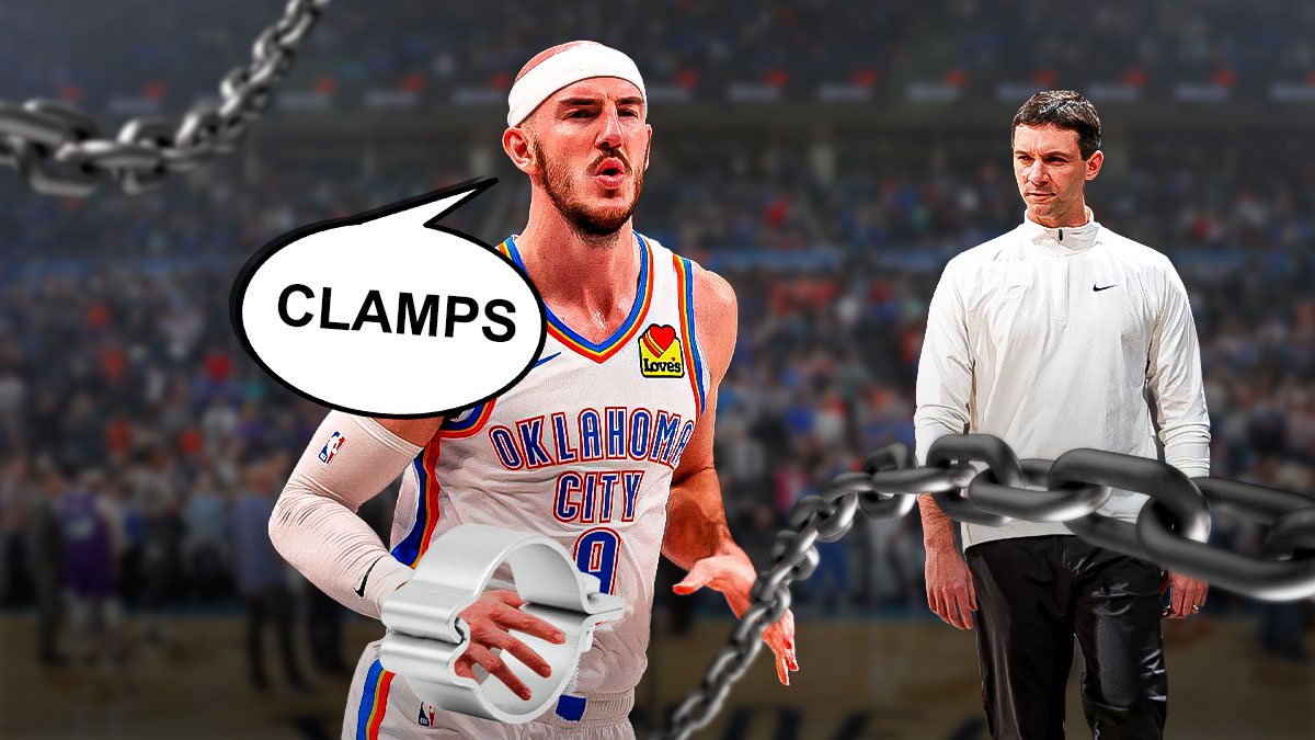 Thunder's Alex Caruso holding chains and a clamp, with speech bubble: CLAMPS, with Mark Daigneault smiling at him