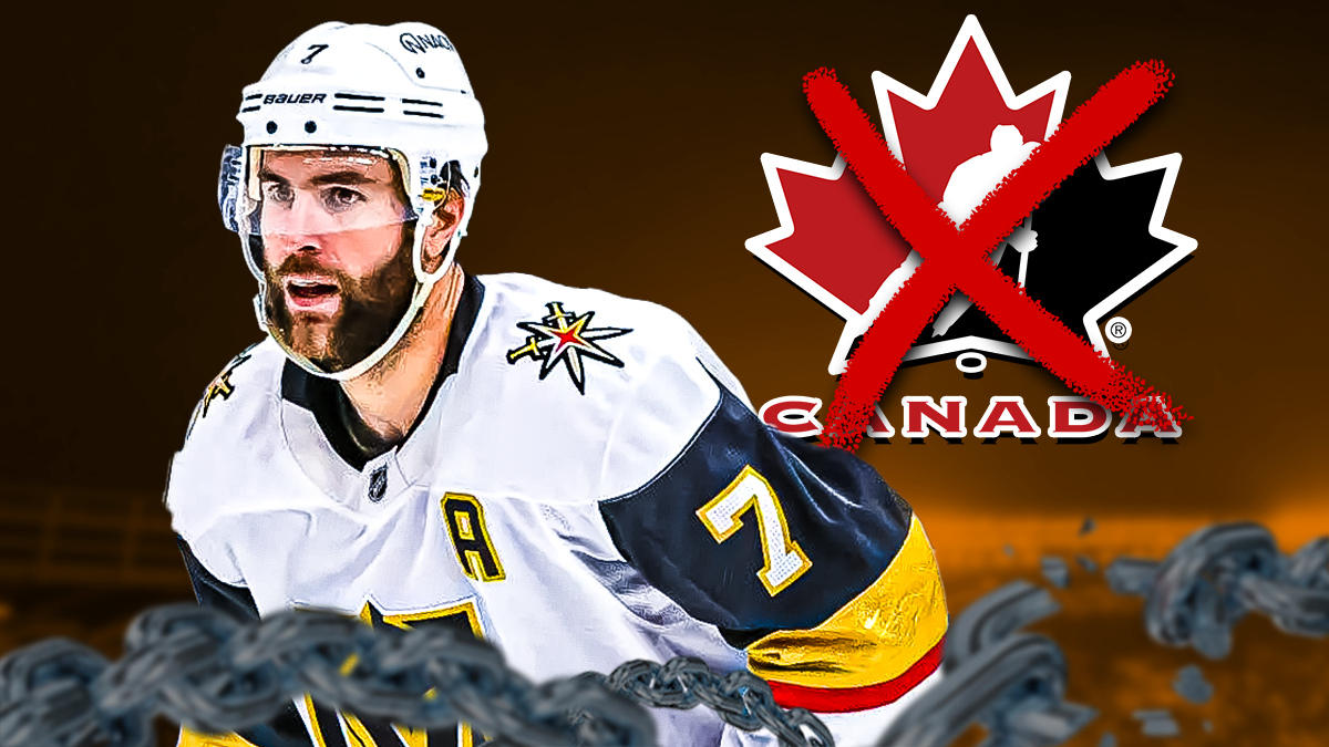 Alex Pietrangelo on left. Hockey Canada logo on right. Red X through Hockey Canada logo