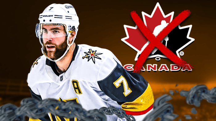 Alex Pietrangelo on left. Hockey Canada logo on right. Red X through Hockey Canada logo