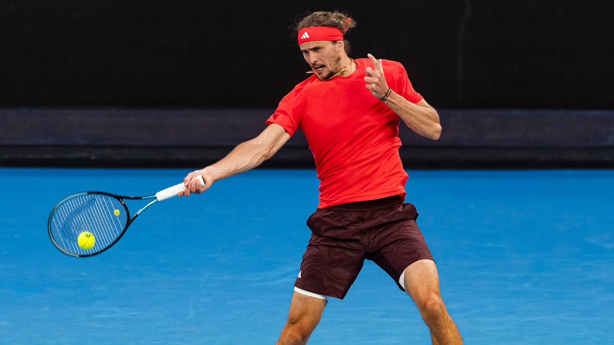 Alexander Zverev of Germany hits a forehand during his match against Ugo Humbert of France in the fourth round of the men's singles at the 2025 Australian Open at Melbourne Park. 