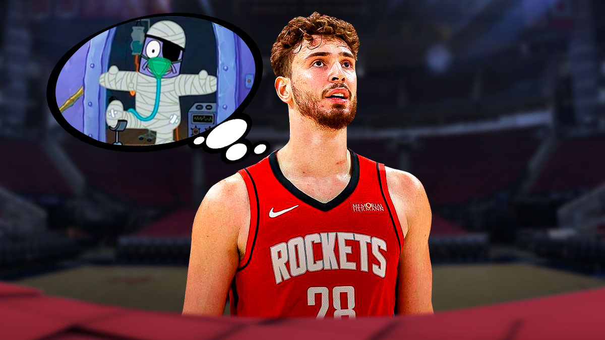 Rockets' Alperen Sengun looking serious, with picture of SpongeBob con man in a thought bubble on Sengun