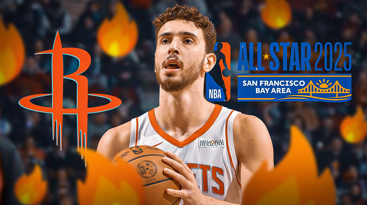 Alperen Sengun, Houston Rockets and 2025 NBA All-Star Game logos in background, fire symbols surrounding Sengun