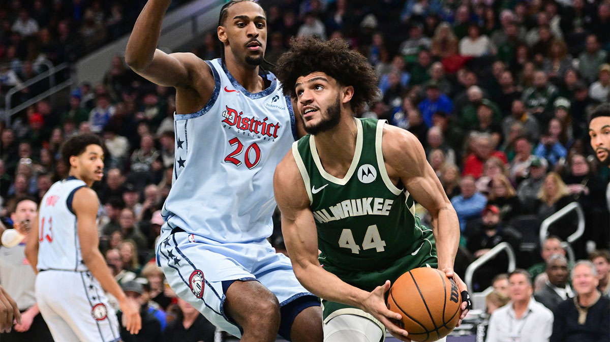 Milwaukee Bucks forward Andre Jackson Jr. (44) plays against Washington Wizards center Alex Sarr (20) in the second quarter at Fiserv Forum. 