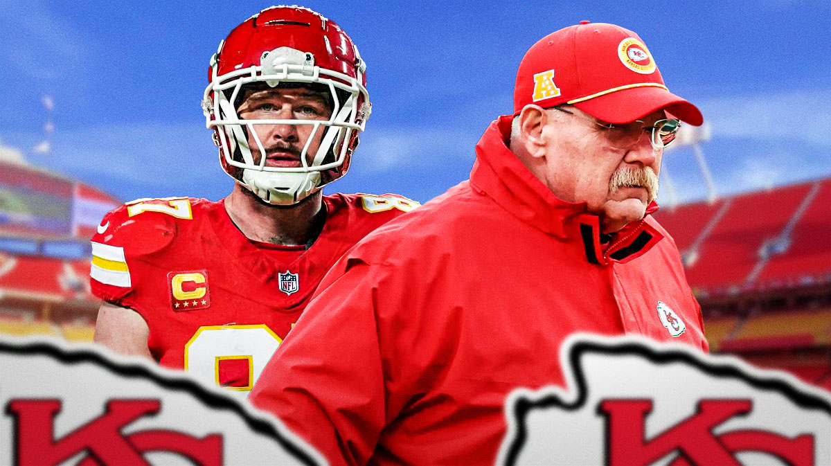 Andy Reid, Chiefs, Travis Kelce, Travis Kelce Chiefs, Andy Reid Chiefs, Andy Reid and Travis Kelce with Chiefs stadium in the background