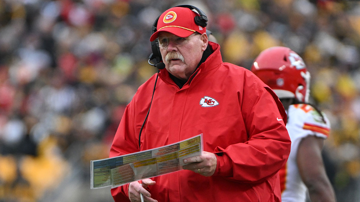 Dec 25, 2024; Pittsburgh, Pennsylvania, USA; Kansas City Chiefs head coach Andy Reid reacts against the Pittsburgh Steelers during the second half at Acrisure Stadium.