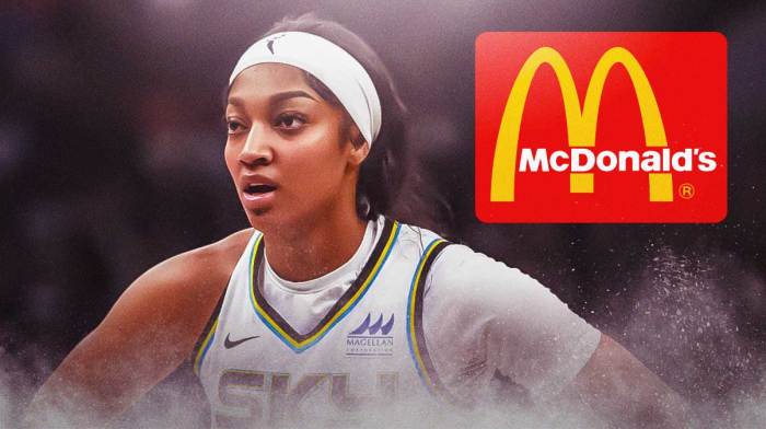 Angel Reese in the center with the McDonald's logo in the background.