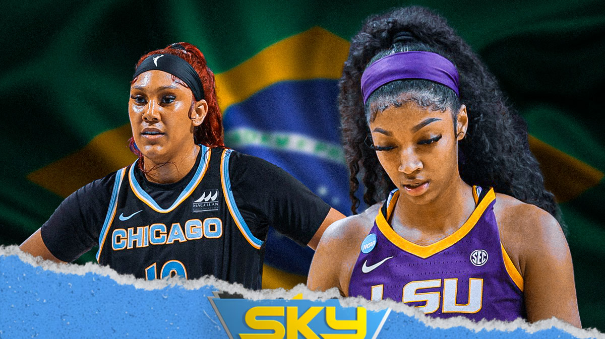 Angel Reese in a LSU women's basketball jersey, WNBA Chicago Sky player Kamilla Cardoso, and a Brazilian flag in the background
