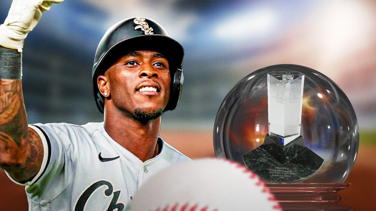 Tim Anderson in an Angels uniform. Anderson is looking into a crystal ball at the future. Inside the crystal ball is the Comeback Player of the Year award.