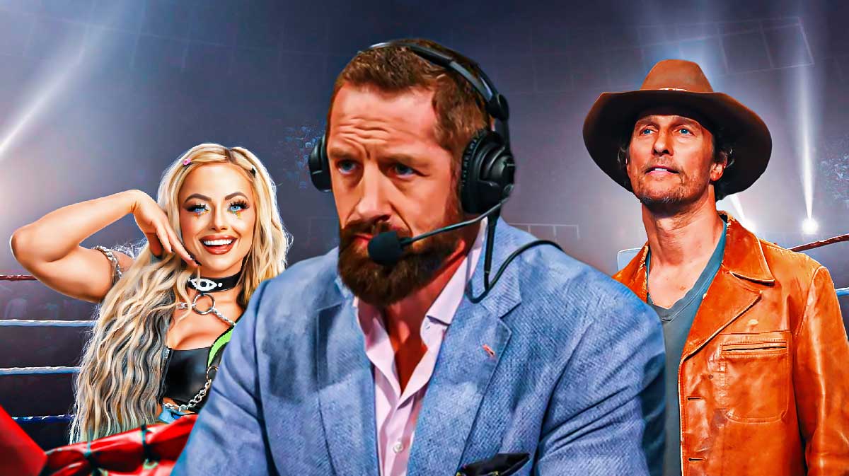 WWE Superstar Liv Morgan and announcer Wade Barrett with Matthew McConaughey, who attended the latest episode of Friday Night SmackDown.