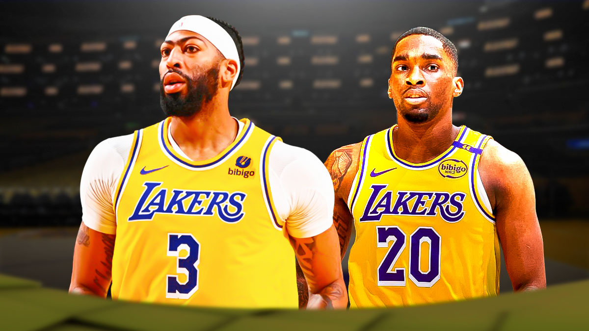 LA Lakers players Anthony Davis and Shake Milton with the Lakers arena in the background, defense