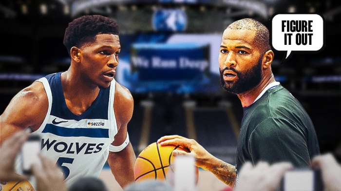 Anthony Edwards, DeMarcus Cousins with speech bubble that says "figure it out"