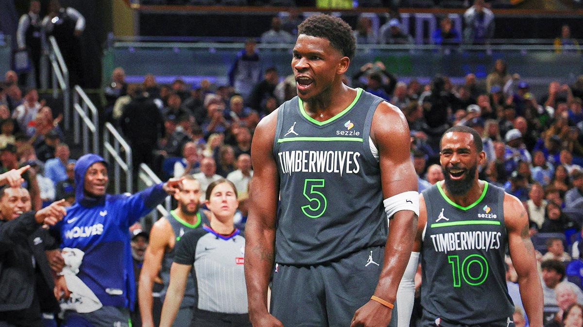 Minnesota Timberwolves guard Anthony Edwards (5) reacts after scoring during the second half against the Orlando Magic at Kia Center.