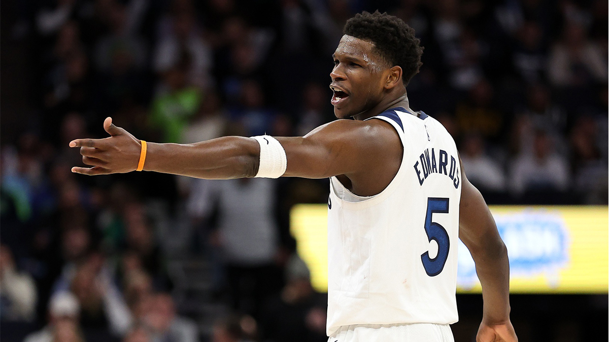 Minnesota Timberwolves guard Anthony Edwards (5) points to the referee during the fourth quarter against the Cleveland Cavaliers at Target Center.