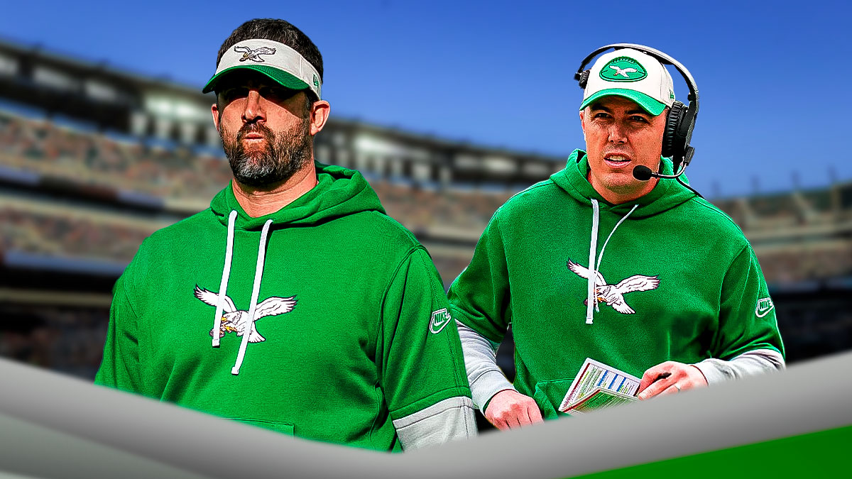 Nick Sirianni next to Kellen Moore in front of the Eagles stadium.