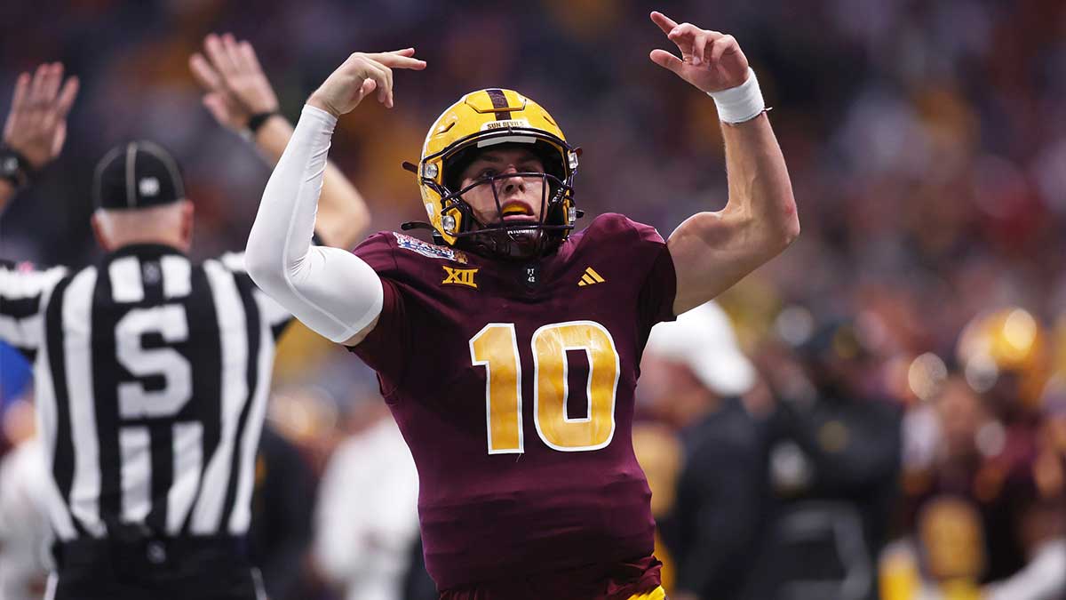 Arizona State Sun Devils quarterback Sam Leavitt (10) reacts after a play against the Texas Longhorns during the second half of the Peach Bowl at Mercedes-Benz Stadium.