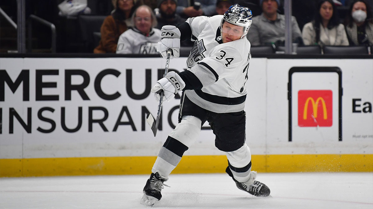 Los Angeles Kings right wing Arthur Kaliyev (34) shoots on goal against the Anaheim Ducks during the second period at Crypto.com Arena.