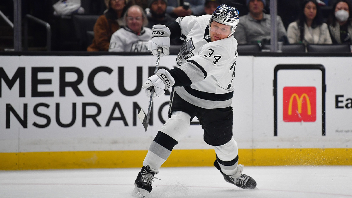 Los Angeles Kings right wing Arthur Kaliyev (34) shoots on goal against the Anaheim Ducks during the second period at Crypto.com Arena.