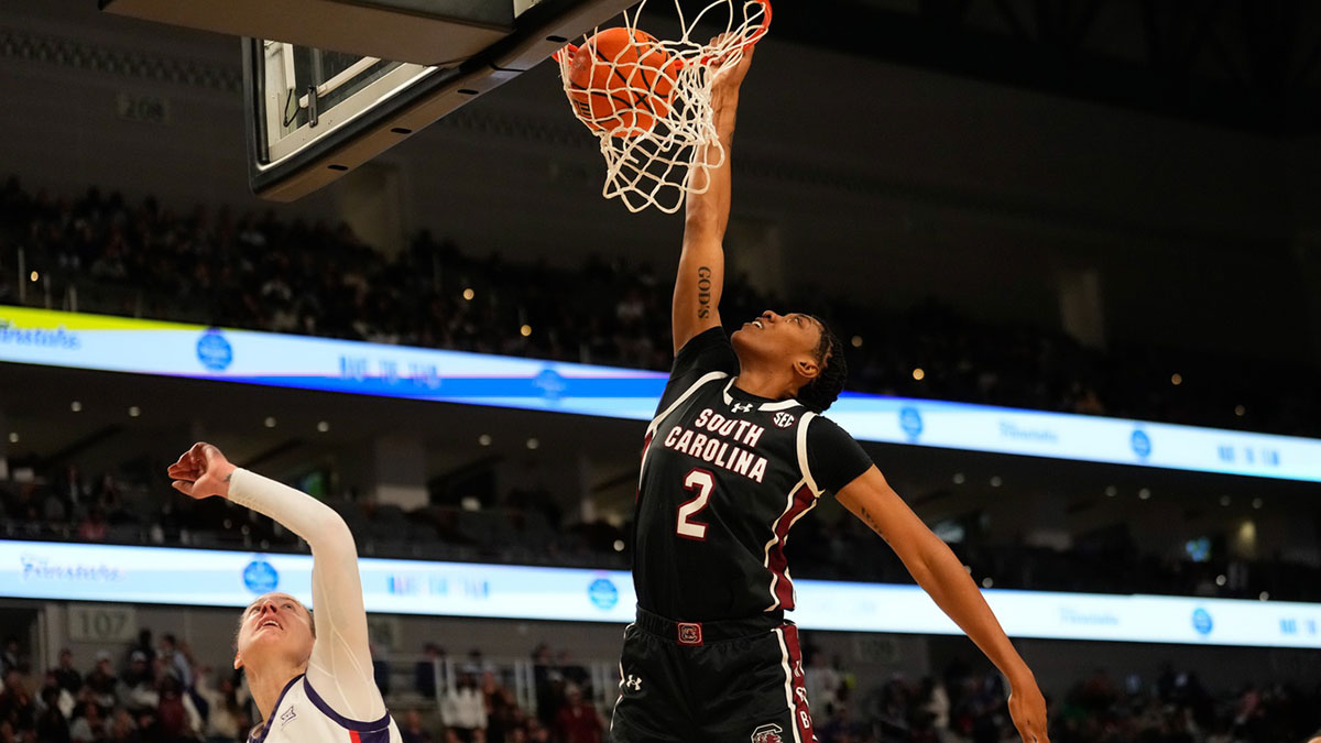 South Carolina Gamecocks forward Ashlyn Watkins (2) dunks the ball against TCU Horned Frogs center Sedona Prince (13) during the first half at Dickies Arena.