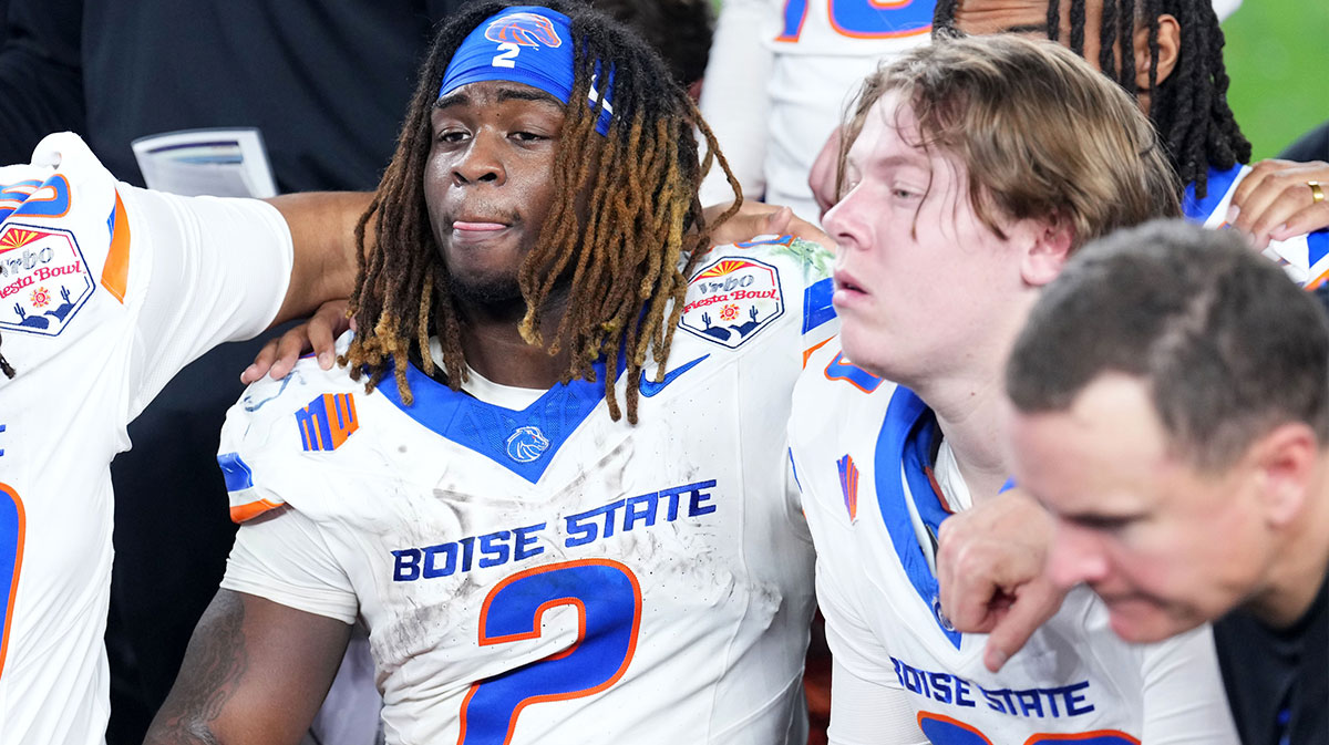 Boise State Broncos running back Ashton Jeanty (2) reacts after the Fiesta Bowl at State Farm Stadium.