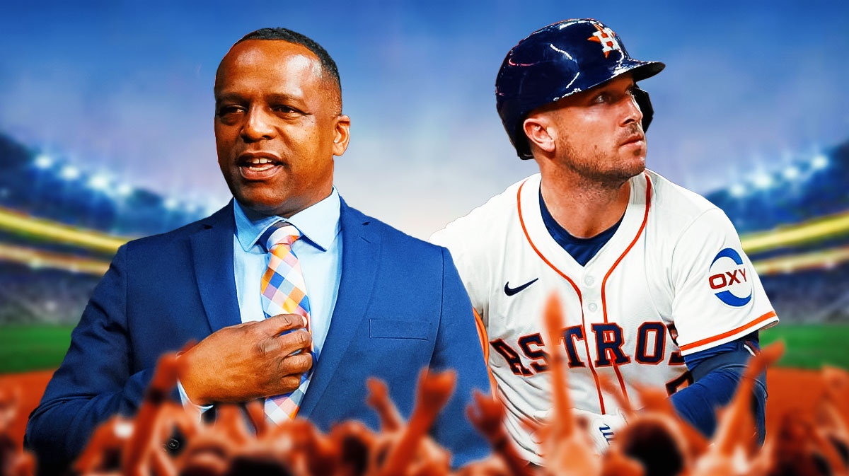Houston Astros general manager Dana Brown and Alex Bregman in front of Minute Maid Park.