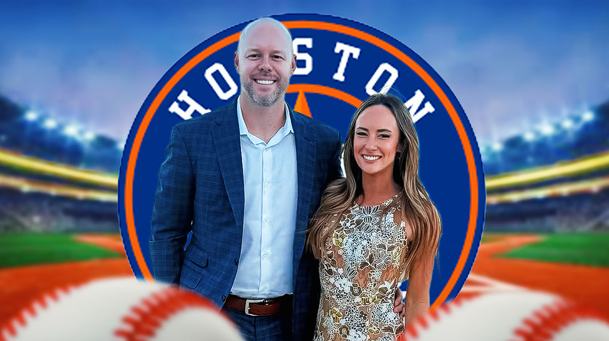 Ryan Pressly and Kat Pressly with Astros logo behind them