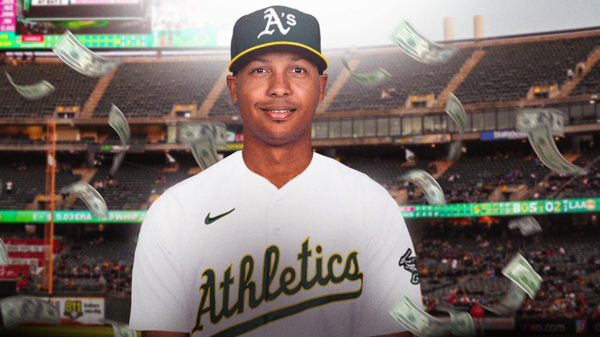 José Leclerc in an A's uniform with money falling in the background