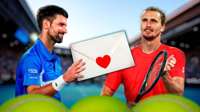 Novak Djokovic and Alexander Zverev with an envelope in the middle of them with a heart on it.