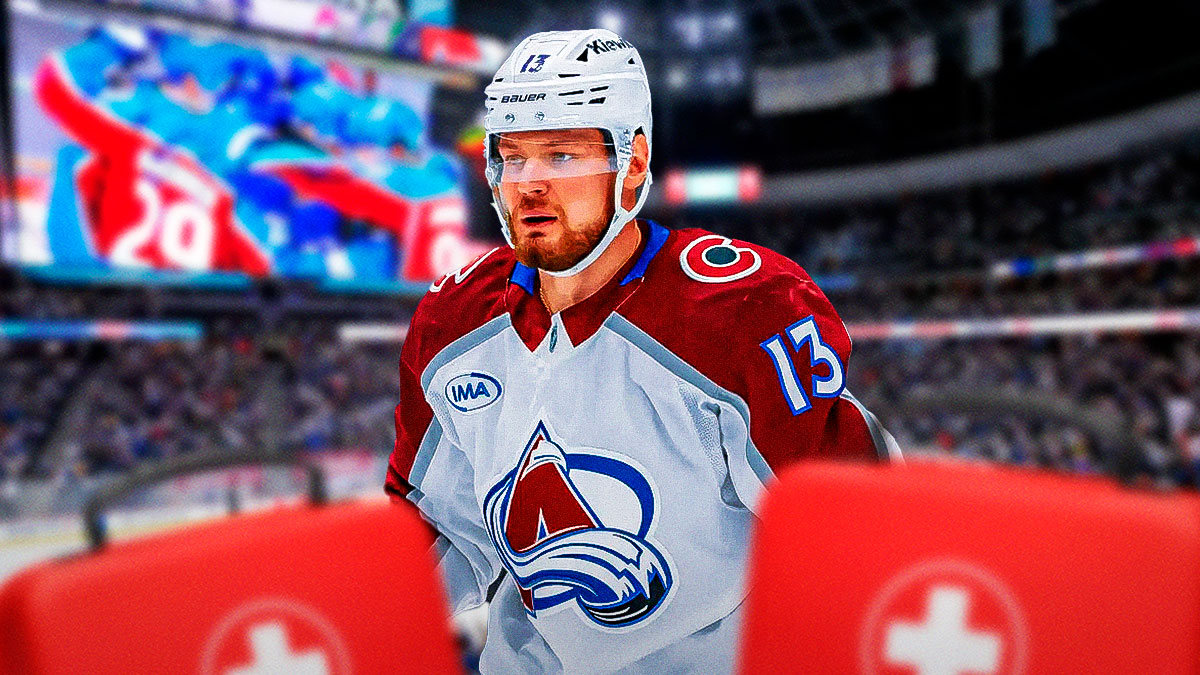 Valeri Nichushkin looking stern, first aid kit, hockey rink in background Colorado Avalanche