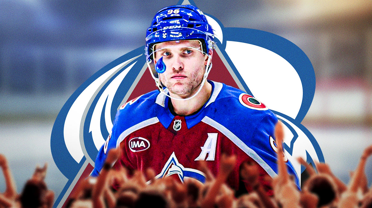 Former Avalanche winger Mikko Rantanen with a tear drop going down his face, with silhouettes of fans below him, and the Avalanche logo in the background.