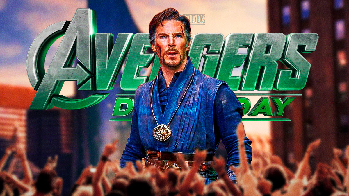 Benedict Cumberbatch as Doctor Strange with the Avengers Tower from the Marvel Cinematic Universe (MCU) behind him and the Doomsday logo.