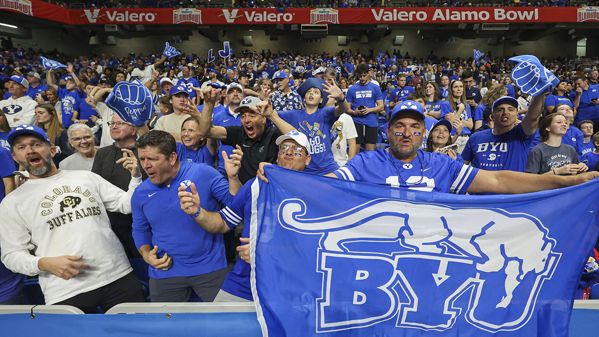 righam Young Cougars fans cheer during the fourth quarter of the game against the Colorado Buffaloes at Alamodome.