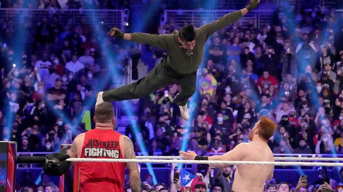 Bad Bunny jumps Sheamus as Kevin Owens looks on during the 2022 Royal Rumble January 29, 2023