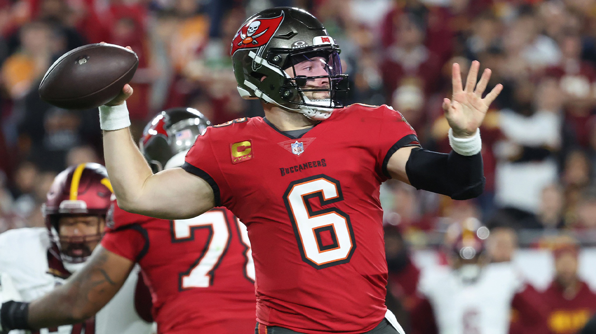 Tampa Bay Buccaneers quarterback Baker Mayfield (6) throws during the second quarter of the NFC wild card playoff game against the Washington Commanders at Raymond James Stadium.