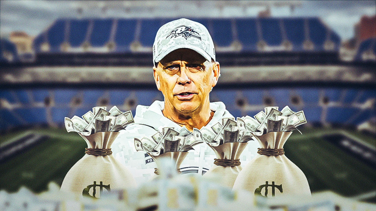 Ravens offensive coordinator Todd Monken, smiling with money bags around him.