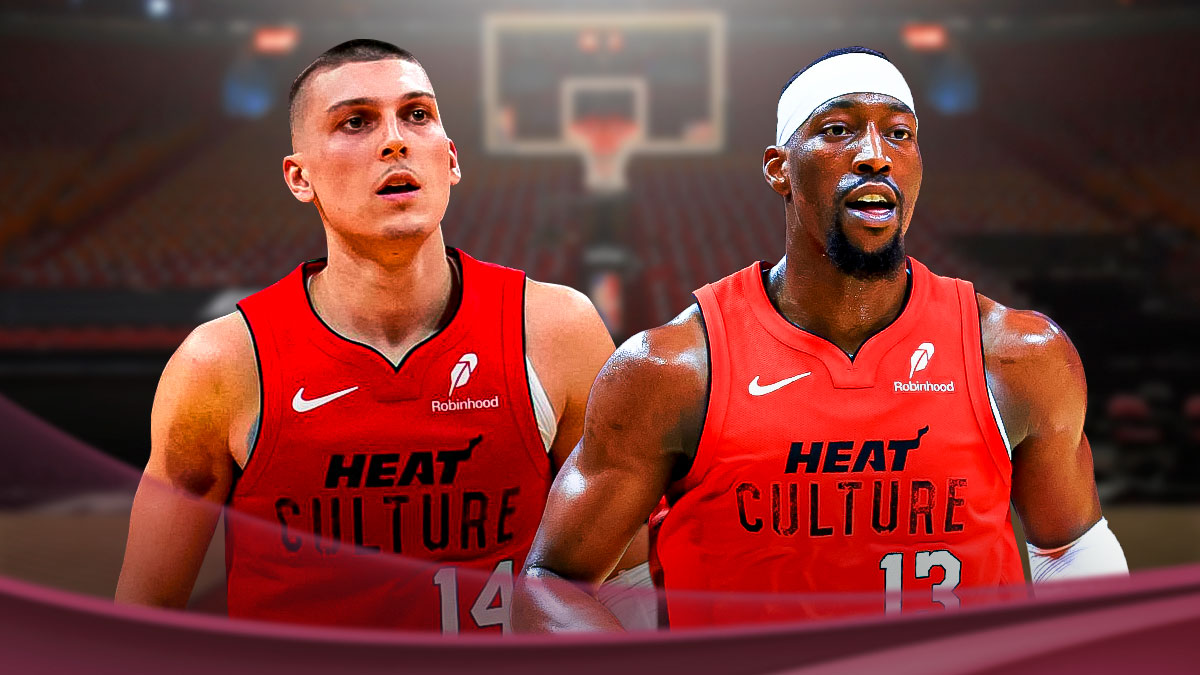 Miami Heat stars Bam Adebayo and Tyler Herro in front of Kaseya Center.
