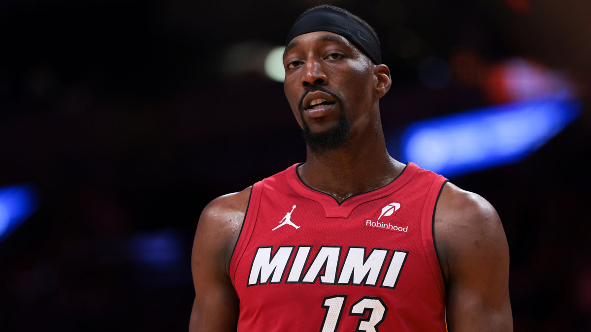 Miami Heat center Bam Adebayo (13) looks on from the court against the Portland Trail Blazers during the third quarter at Kaseya Center.